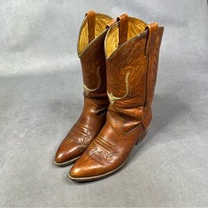 Vintage Brown Leather Cowboy Boots with Cream Stitch Accents